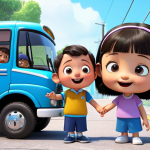 **

Tayo the Little Bus, a friendly cartoon character, helping his friends. Focus on themes of cooperation and empathy.

**