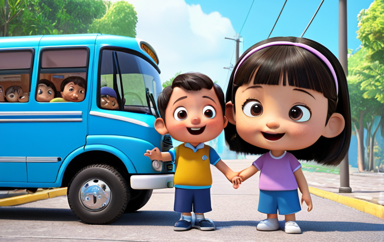 **
Tayo the Little Bus, a friendly cartoon character, helping his friends. Focus on themes of cooperation and empathy.
**