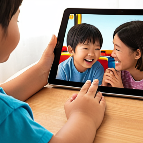 Home 22 A heartwarming scene of a young child, approximately 4-6 years old, joyfully watching "Tayo the Little Bus" on a tablet or television. A "Tayo" toy bus rests beside them, indicating imaginative play. A parent's hand gently rests on the child's shoulder, or the parent is smiling softly in the background, conveying shared happiness, positive screen time, and a sense of educational bonding in a comfortable home setting. The atmosphere should be warm, bright, and inviting, emphasizing emotional connection and early learning.