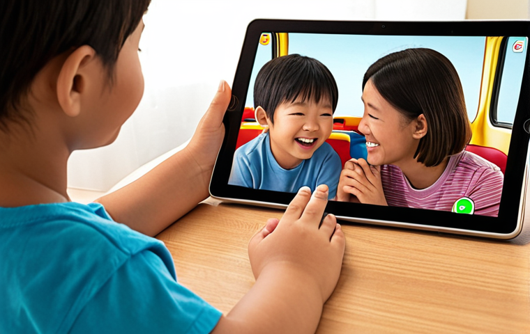 A heartwarming scene of a young child, approximately 4-6 years old, joyfully watching "Tayo the Little Bus" on a tablet or television. A "Tayo" toy bus rests beside them, indicating imaginative play. A parent's hand gently rests on the child's shoulder, or the parent is smiling softly in the background, conveying shared happiness, positive screen time, and a sense of educational bonding in a comfortable home setting. The atmosphere should be warm, bright, and inviting, emphasizing emotional connection and early learning.