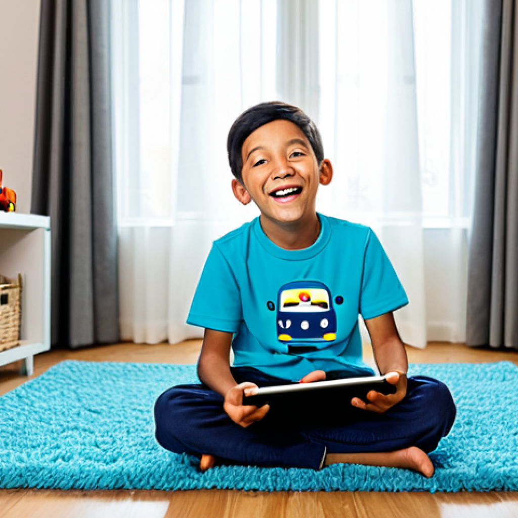A delighted young boy, around 7 years old, wearing comfortable, fully clothed, modest everyday attire, sits cross-legged on a carpeted floor in a brightly lit, family-friendly living room. He holds a tablet, his eyes wide with wonder as a cheerful, animated cartoon bus (like Tayo) appears virtually in the room, seemingly moving between his physical toys. The background shows a cozy home environment with bookshelves and a comfortable sofa. The image is a high-quality professional photograph, with perfect anatomy, correct proportions, natural pose, well-formed hands, proper finger count, natural body proportions, safe for work, appropriate content, family-friendly.
