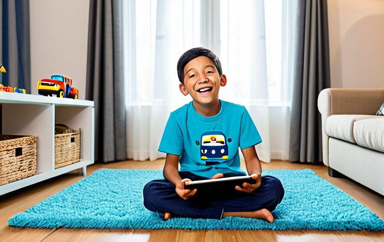 A delighted young boy, around 7 years old, wearing comfortable, fully clothed, modest everyday attire, sits cross-legged on a carpeted floor in a brightly lit, family-friendly living room. He holds a tablet, his eyes wide with wonder as a cheerful, animated cartoon bus (like Tayo) appears virtually in the room, seemingly moving between his physical toys. The background shows a cozy home environment with bookshelves and a comfortable sofa. The image is a high-quality professional photograph, with perfect anatomy, correct proportions, natural pose, well-formed hands, proper finger count, natural body proportions, safe for work, appropriate content, family-friendly.