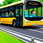 A diverse group of children, fully clothed in comfortable, modest attire, engaged in a vibrant simulated road safety park. Some children are patiently waiting in a well-defined line at a 'bus stop' area, demonstrating good social etiquette. Other children are respectfully interacting with a friendly, charming animated bus-like character, while a child points to a miniature traffic light, learning about road safety. The environment is brightly lit, clean, and organized, featuring miniature roads, crosswalks, and tiny traffic signals. Professional, high-quality children's illustration, vibrant colors, safe for work, appropriate content, fully clothed, professional dress, family-friendly, perfect anatomy, correct proportions, natural pose, well-formed hands, proper finger count, natural body proportions.