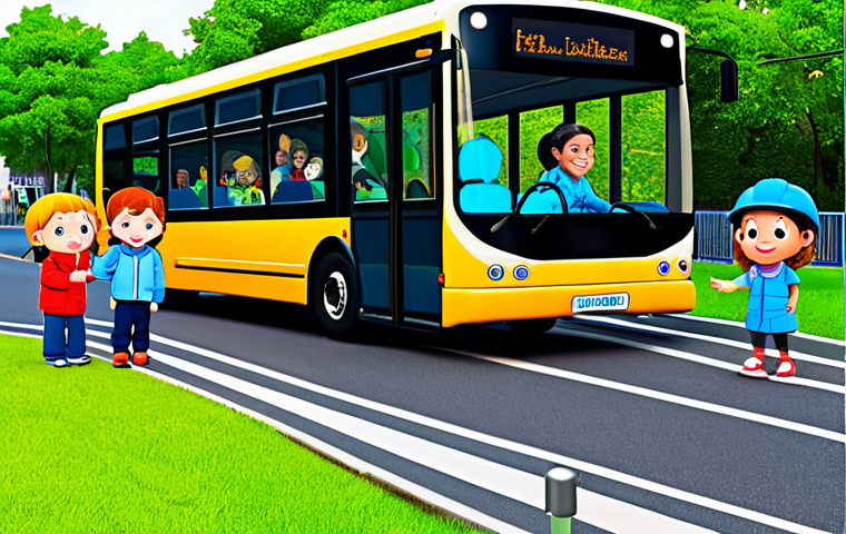 A diverse group of children, fully clothed in comfortable, modest attire, engaged in a vibrant simulated road safety park. Some children are patiently waiting in a well-defined line at a 'bus stop' area, demonstrating good social etiquette. Other children are respectfully interacting with a friendly, charming animated bus-like character, while a child points to a miniature traffic light, learning about road safety. The environment is brightly lit, clean, and organized, featuring miniature roads, crosswalks, and tiny traffic signals. Professional, high-quality children's illustration, vibrant colors, safe for work, appropriate content, fully clothed, professional dress, family-friendly, perfect anatomy, correct proportions, natural pose, well-formed hands, proper finger count, natural body proportions.