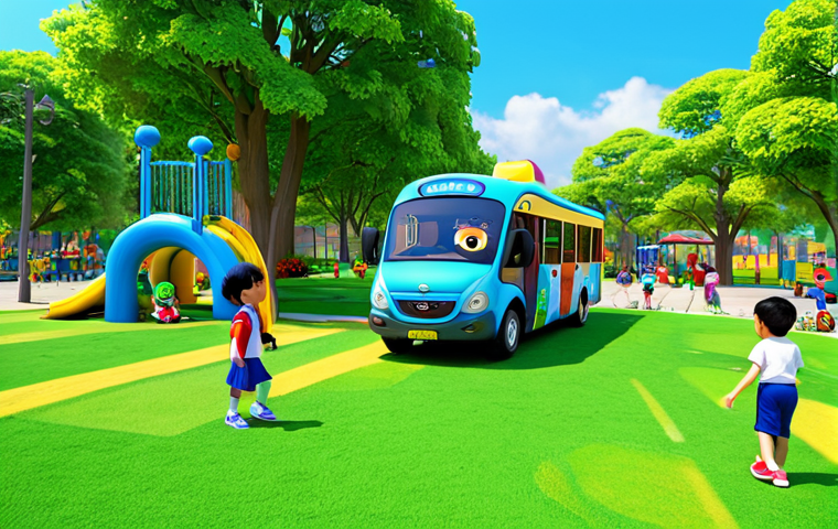 **

"Tayo the Little Bus and his friends Rogi, Lani, and Gani, smiling cheerfully in a sunny city park, surrounded by playful children. Tayo is blue, Rogi is green, Lani is yellow, and Gani is red. They are all fully clothed, appropriate content, and safe for work. The park includes trees, a playground, and colorful flowers. Perfect anatomy, correct proportions, natural pose, professional animation style, family-friendly, high quality."

**