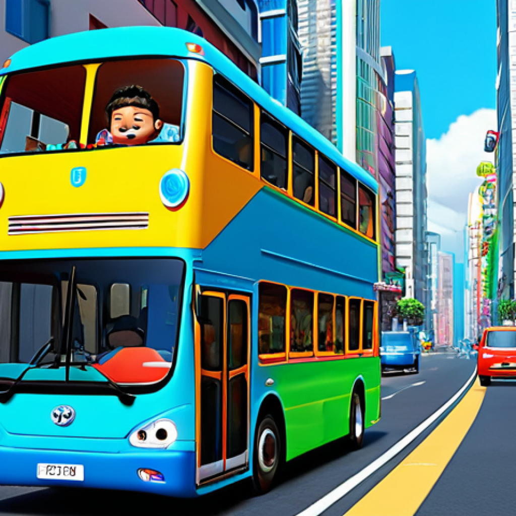 "Tayo the Little Bus and his friends Rogi, Rani, and Gani, driving through a colorful cityscape, fully clothed, appropriate attire, safe for work, perfect anatomy, natural proportions, family-friendly animation style, high quality render."