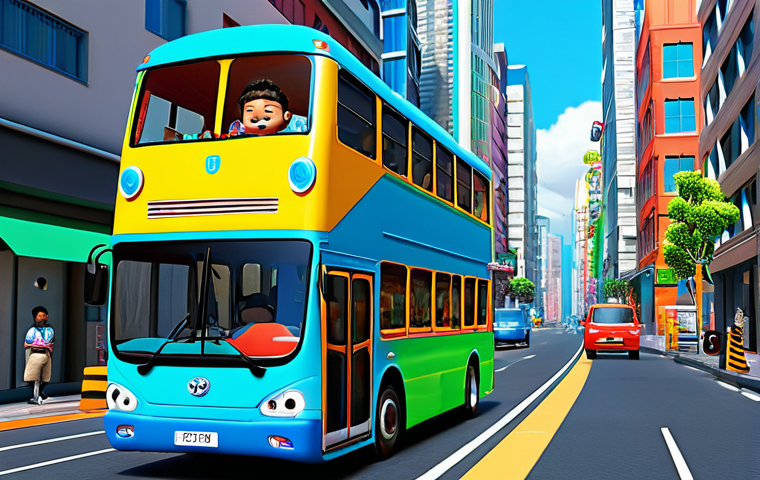 "Tayo the Little Bus and his friends Rogi, Rani, and Gani, driving through a colorful cityscape, fully clothed, appropriate attire, safe for work, perfect anatomy, natural proportions, family-friendly animation style, high quality render."