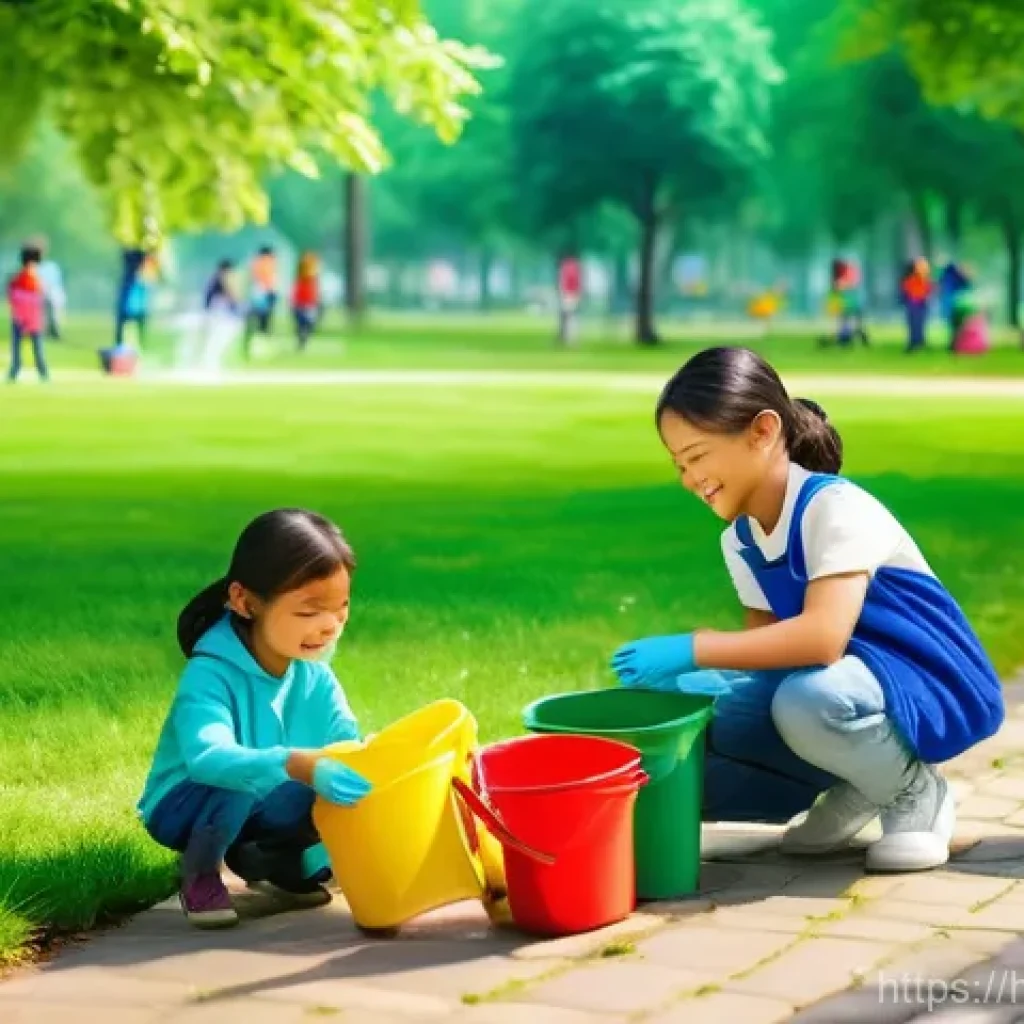 타요의 친환경 메시지 - A cheerful and energetic scene in a beautiful, green park, where a diverse group of children (aged 6...