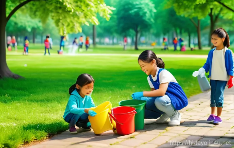 타요의 친환경 메시지 - A cheerful and energetic scene in a beautiful, green park, where a diverse group of children (aged 6...
