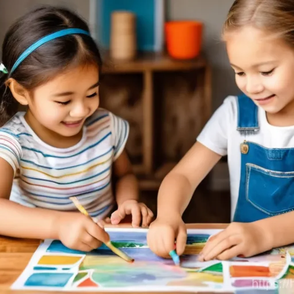 타요 캐릭터 도장 만들기 - **Prompt:** A vibrant, sunlit scene in a cozy home setting, where two diverse children, approximatel...