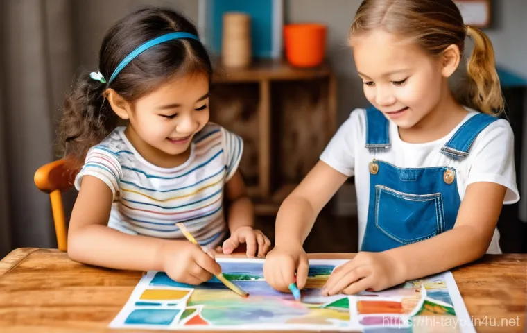 타요 캐릭터 도장 만들기 - **Prompt:** A vibrant, sunlit scene in a cozy home setting, where two diverse children, approximatel...