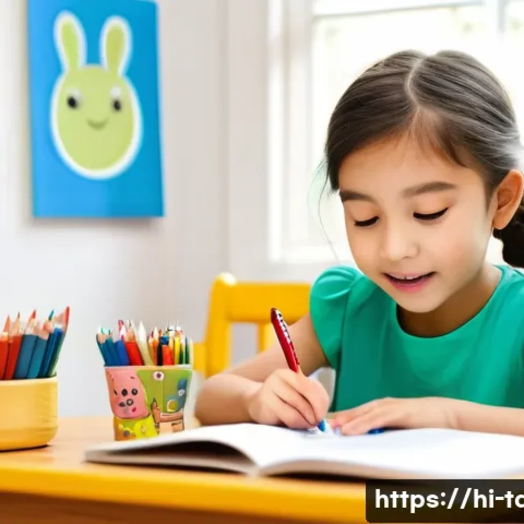 타요 관련 워크북 - **Prompt:** A cheerful 6-year-old girl with bright, curious eyes, wearing a modest, colorful dress, ...