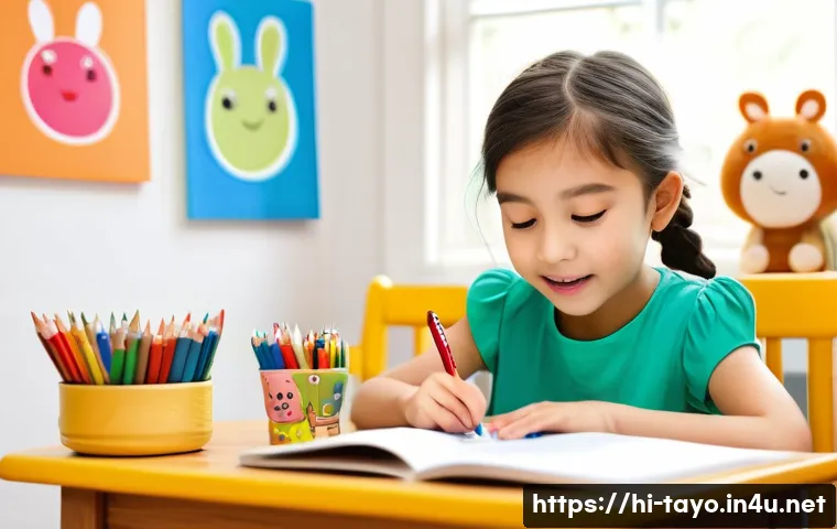 타요 관련 워크북 - **Prompt:** A cheerful 6-year-old girl with bright, curious eyes, wearing a modest, colorful dress, ...