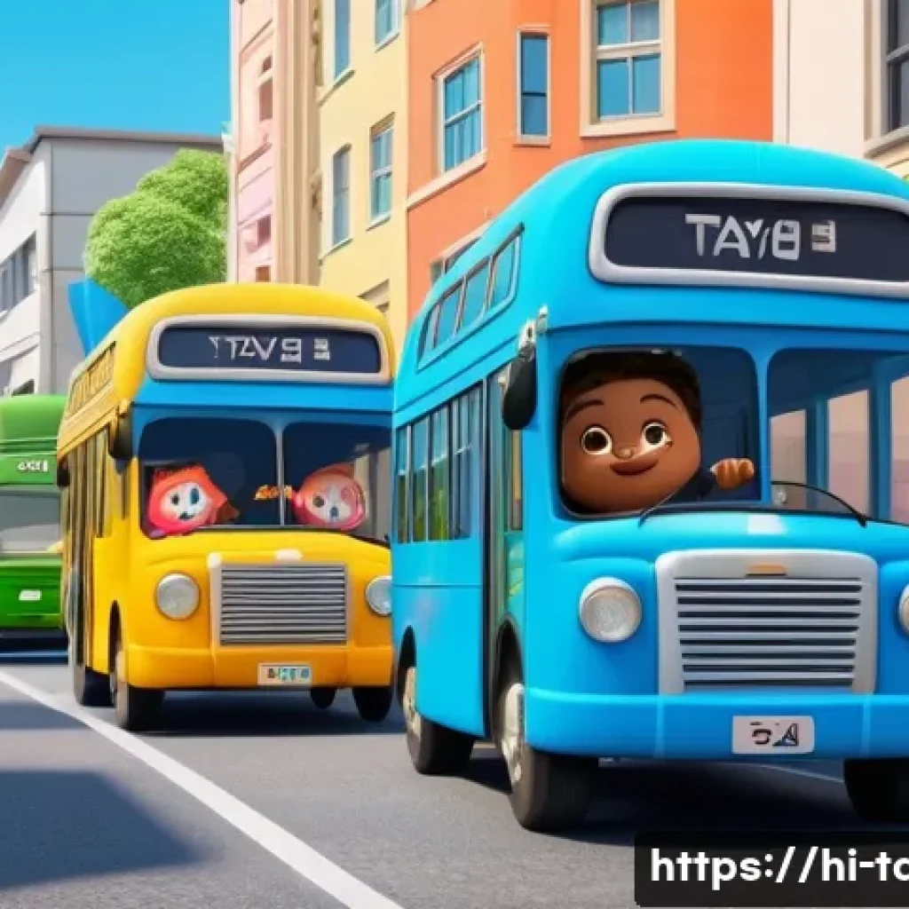 타요 제작자 인터뷰 - A vibrant, cheerful 3D animated scene featuring Tayo the Little Bus and his bus friends, Rogi, Gani,...