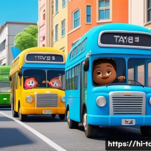 타요 제작자 인터뷰 - A vibrant, cheerful 3D animated scene featuring Tayo the Little Bus and his bus friends, Rogi, Gani,...