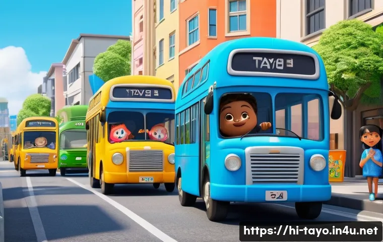 타요 제작자 인터뷰 - A vibrant, cheerful 3D animated scene featuring Tayo the Little Bus and his bus friends, Rogi, Gani,...