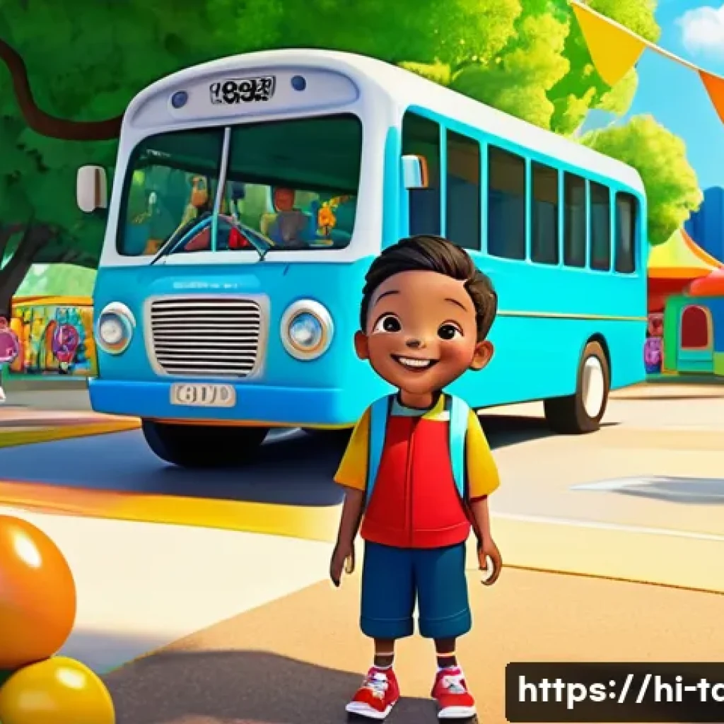 타요와 감성 콘텐츠 제작 사례 - A heartwarming scene featuring Tayo, a cute and innocent cartoon bus character, smiling warmly as he...