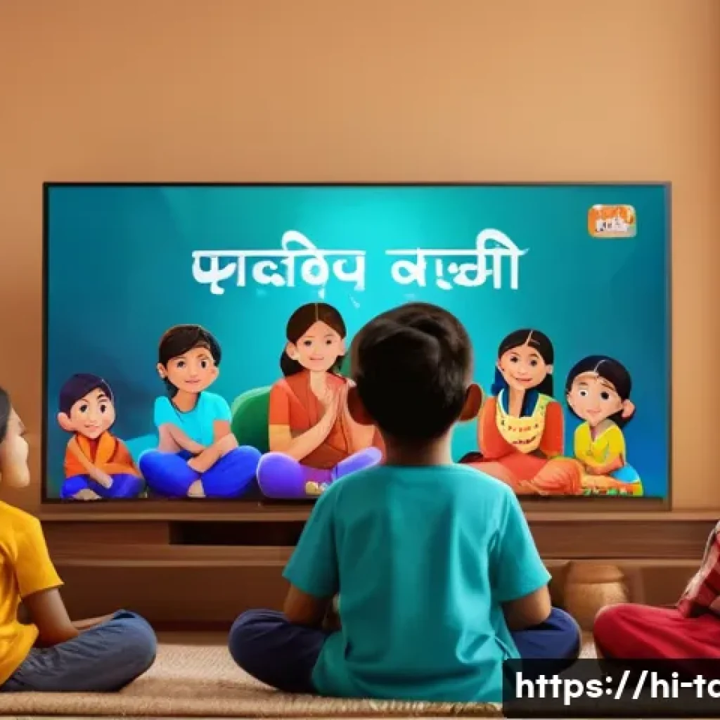 타요와 감성 콘텐츠 - A colorful, heartwarming scene of young Indian children sitting together in a cozy living room, watc...
