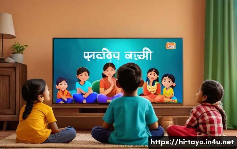 타요와 감성 콘텐츠 - A colorful, heartwarming scene of young Indian children sitting together in a cozy living room, watc...
