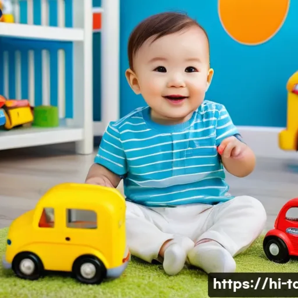 타요 장난감 리뷰 - A vibrant and colorful playroom scene featuring a toddler wearing a diaper playing joyfully with a v...