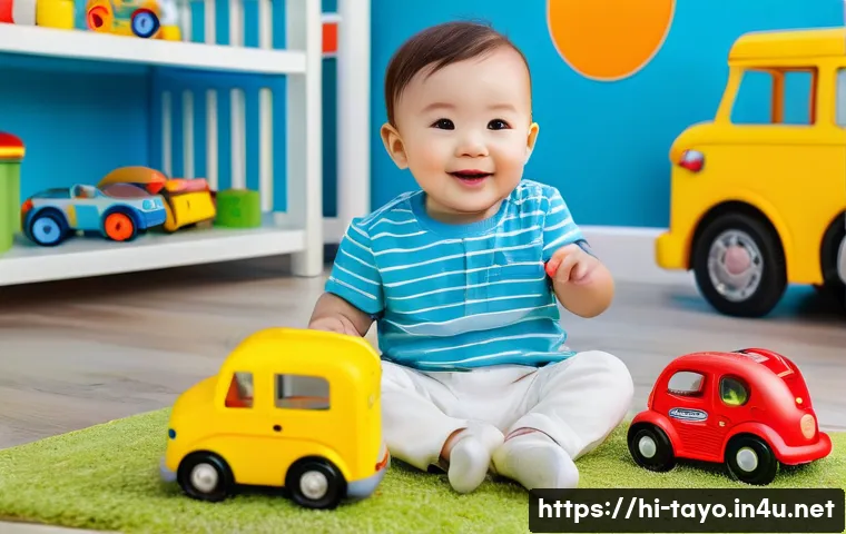 타요 장난감 리뷰 - A vibrant and colorful playroom scene featuring a toddler wearing a diaper playing joyfully with a v...