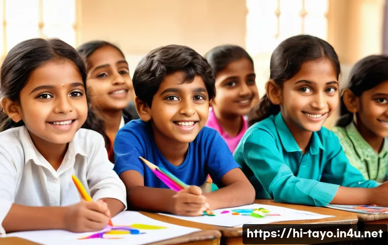 타요와 글로벌 이벤트 - A vibrant scene of Indian children aged around 10-12 participating in a creative art competition the...