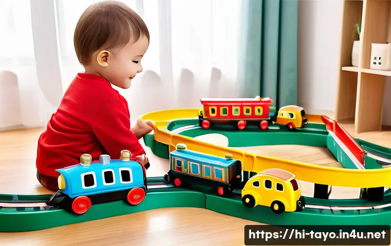 타요 관련 장난감 - A vibrant and colorful miniature toy train set inspired by the Tayo cartoon, designed for children a...