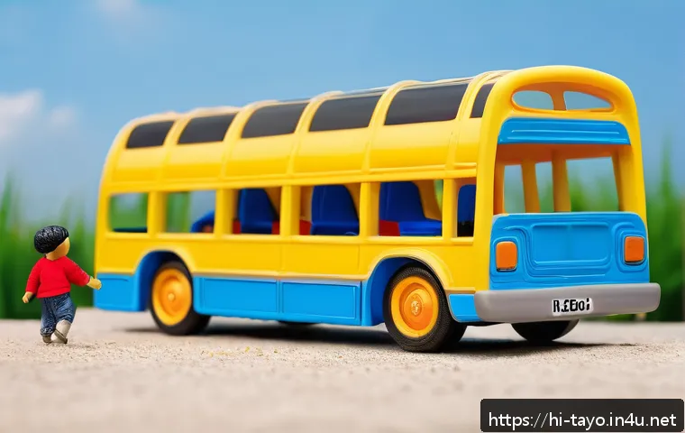 타요 관련 캐릭터 상품 리뷰 - A vibrant and colorful scene featuring a collection of Tayo toys designed for children, including a ...