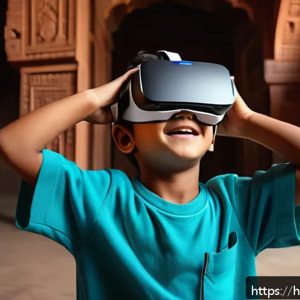 타요 관련 VR 콘텐츠 - A young Indian boy wearing a VR headset and colorful casual clothes, exploring an immersive virtual ...