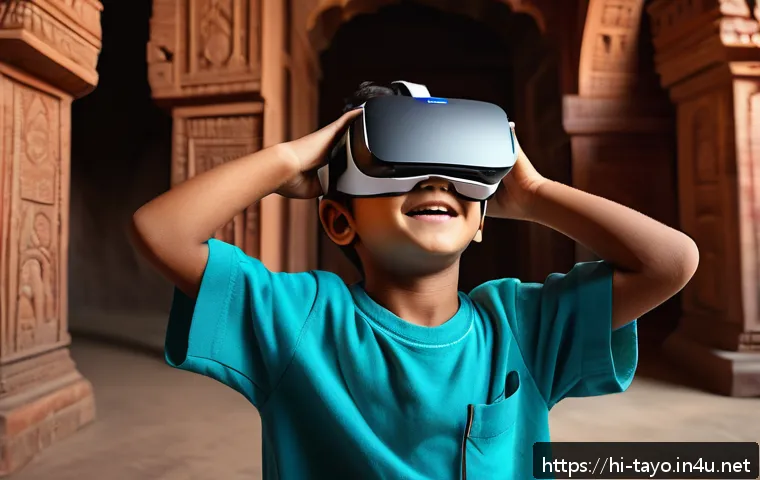 타요 관련 VR 콘텐츠 - A young Indian boy wearing a VR headset and colorful casual clothes, exploring an immersive virtual ...