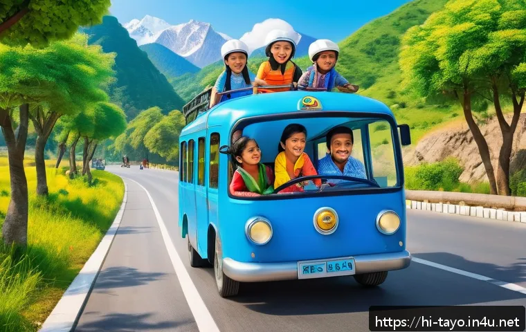 타요와 로보카 폴리 협업 - A vibrant and colorful scene showing a family road trip with young Indian children wearing seat belt...