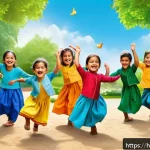 Home 22 타요의 테마곡과 노래 - A vibrant, joyful scene of young Indian children aged 3 to 7 years, wearing colorful traditional and...
