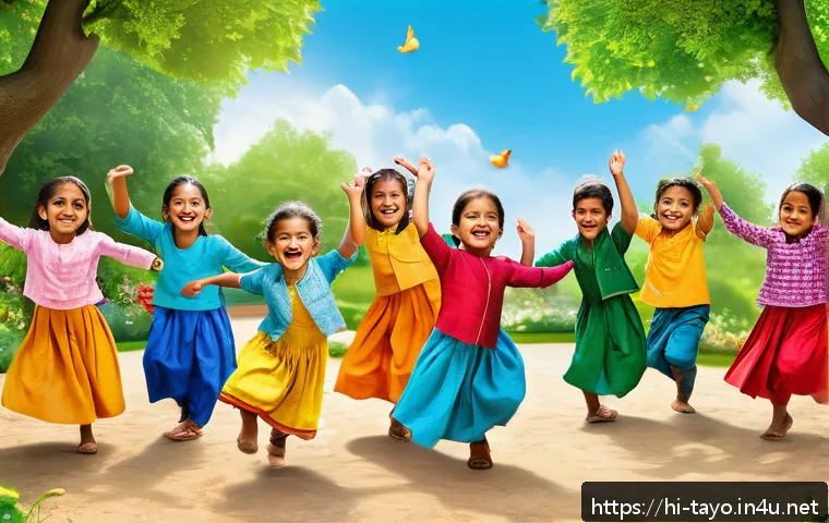 타요의 테마곡과 노래 - A vibrant, joyful scene of young Indian children aged 3 to 7 years, wearing colorful traditional and...