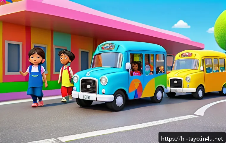 타요 애니메이션의 특별함 - A vibrant and colorful animated scene featuring child-friendly characters from Tayo Animation, inclu...