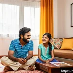 Home 19 타요 방송 시간 - A vibrant and colorful family living room scene showing Indian parents and two children, a boy and a...