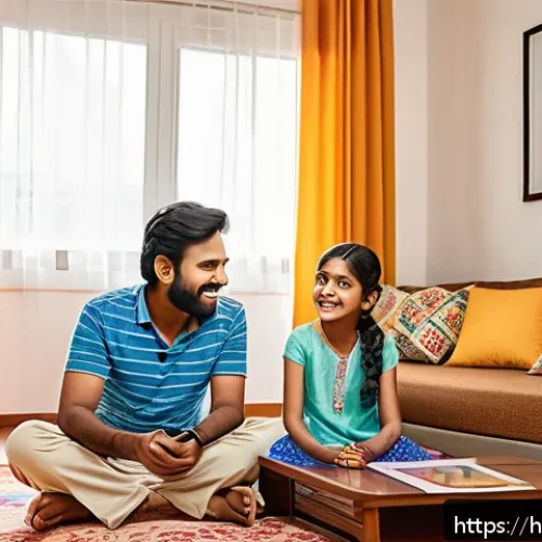 Home 31 타요 방송 시간 - A vibrant and colorful family living room scene showing Indian parents and two children, a boy and a...