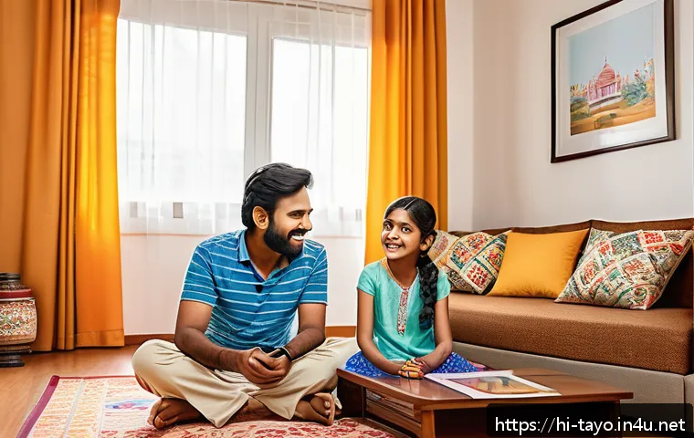 타요 방송 시간 - A vibrant and colorful family living room scene showing Indian parents and two children, a boy and a...