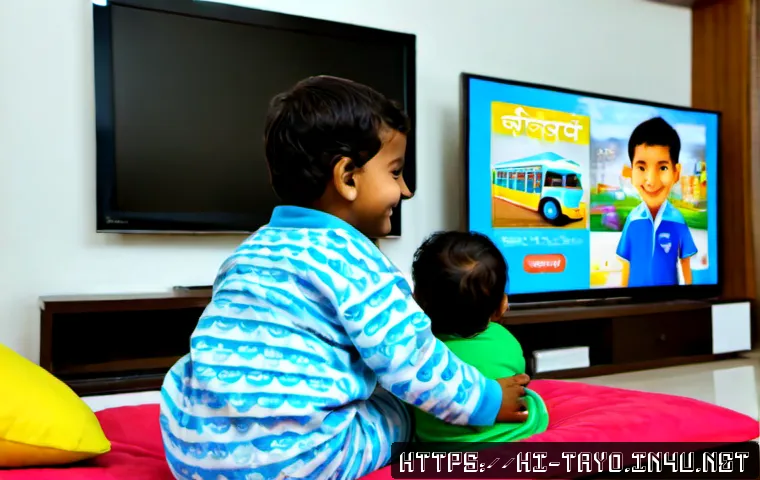 타요 영어 더빙 버전 - Photorealistic cozy family living room in India, a young child wearing casual fully clothed pajamas ...