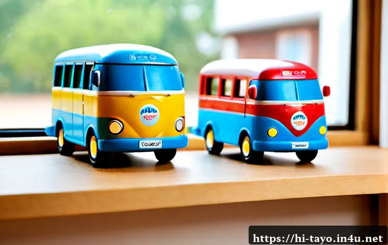 타요 캐릭터별 컬렉션 - Photorealistic collector’s display of four cheerful miniature city bus toys with friendly cartoon-li...