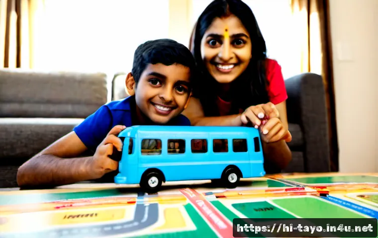 타요 키즈용 보드게임 - Photorealistic family tabletop scene featuring a cheerful blue city bus-themed children’s board game...
