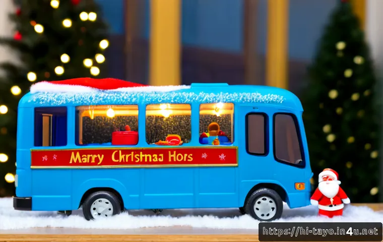 타요 크리스마스 에디션 - Photorealistic cheerful blue city bus toy with a friendly face-like windshield design, wearing a tin...