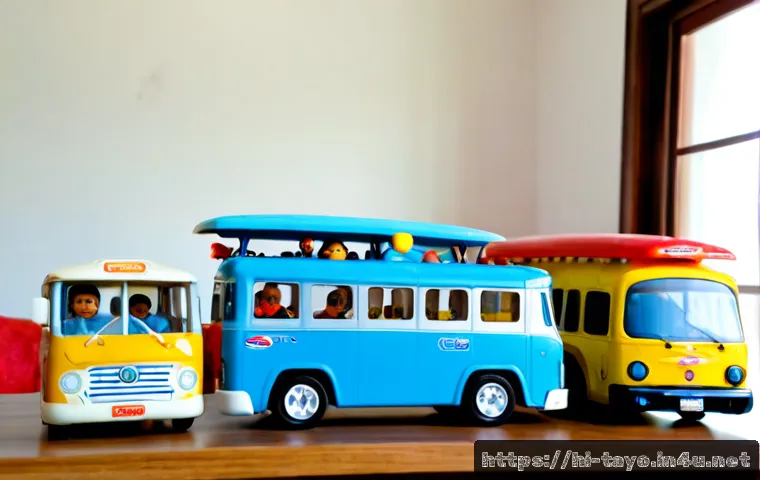타요와 글로벌 캐릭터 비교 - Photorealistic family-friendly comparison scene with a cheerful blue city bus character toy inspired...