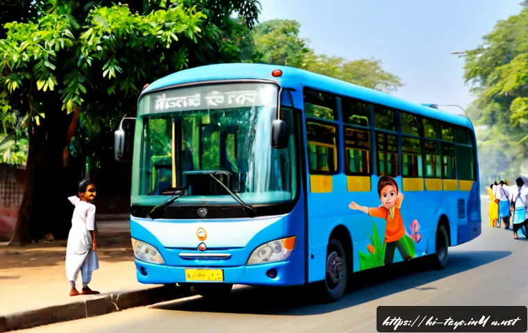 타요 캐릭터 테마 스토리 - Photorealistic family-friendly story scene featuring a cheerful blue city bus character with large f...