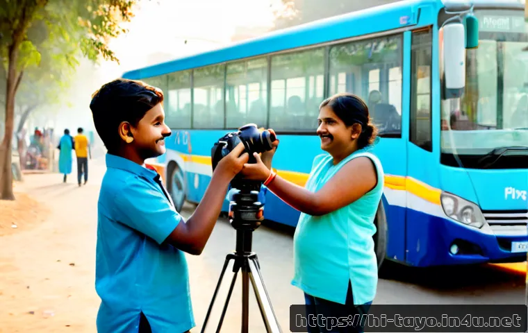 타요와 가족 콘텐츠 제작 - Photorealistic Indian family creating a cheerful children’s travel video beside a friendly blue city...