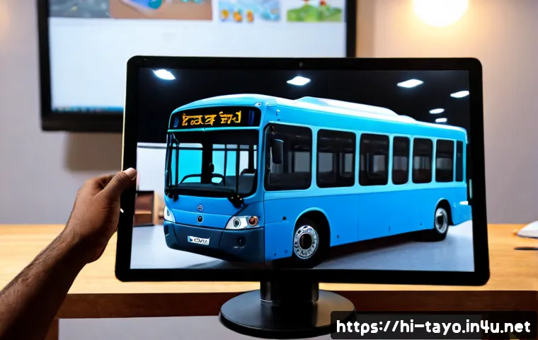 타요 제작 과정의 비밀 - Photorealistic animation studio scene revealing the creation process of a cheerful blue city bus cha...