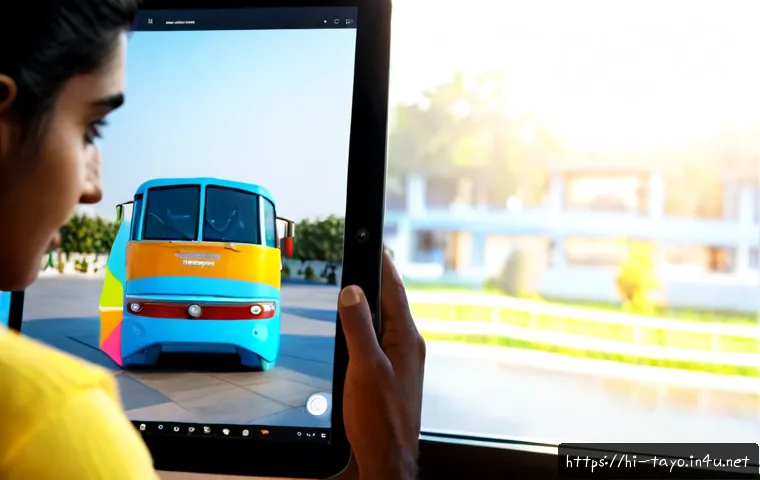 타요 NFT 프로젝트 - Photorealistic Indian young adult art collector viewing a colorful toy-like blue city bus character ...